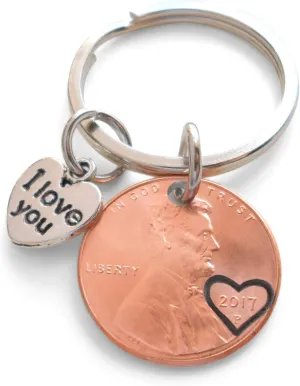2017 US One Cent Penny Keychain with Heart Around Year & I Love You Heart Charm; 8 Year Anniversary, Couples Keychain
