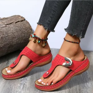 2022 Summer New Women's Metal Decor Feature Pattern Wedge Flip-Flops