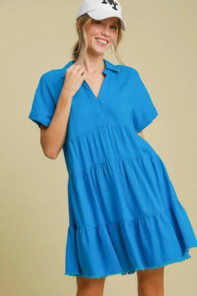 Blue Raw Hem Folded Sleeve Tiered Dress