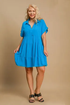 Blue Raw Hem Folded Sleeve Tiered Dress