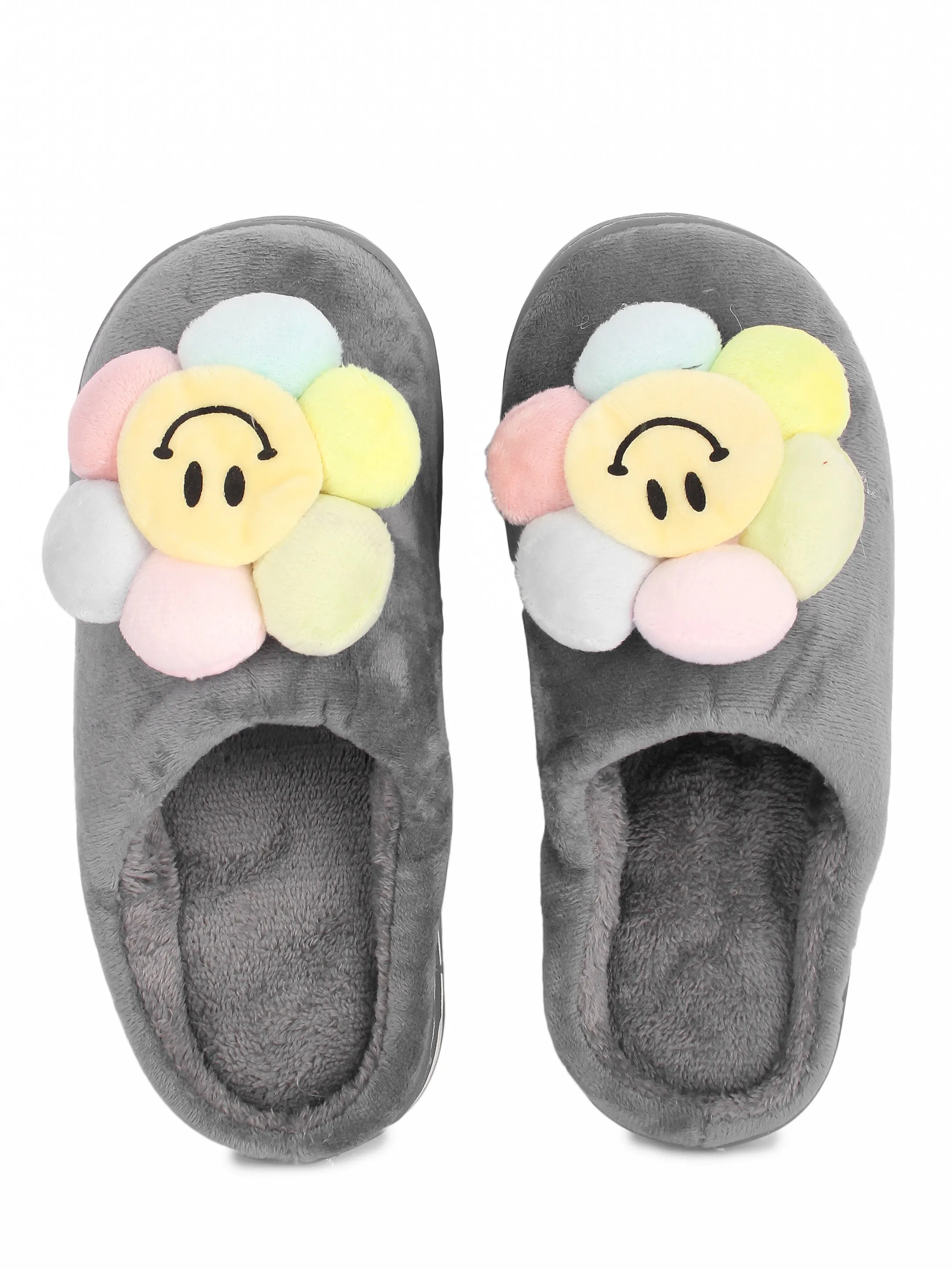 Brauch Women's Grey Happy Sunflower Fur Winter Slippers