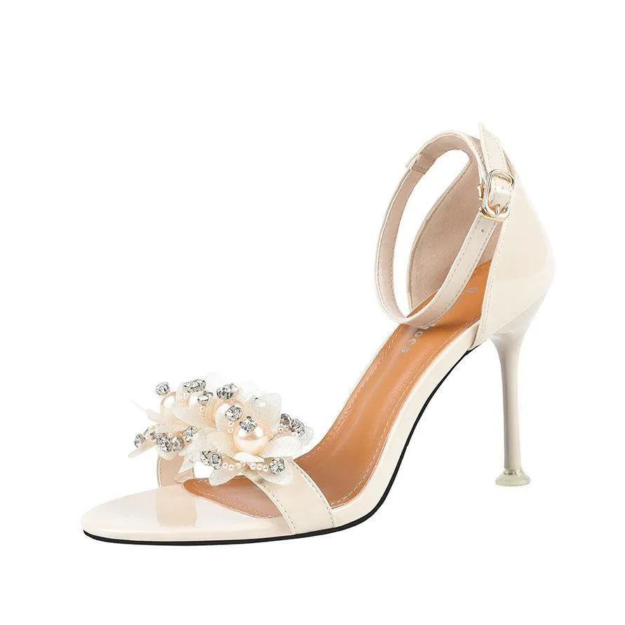 Chicvane PU Open Toe Stiletto Heel Bridal Shoes with Flower Deco