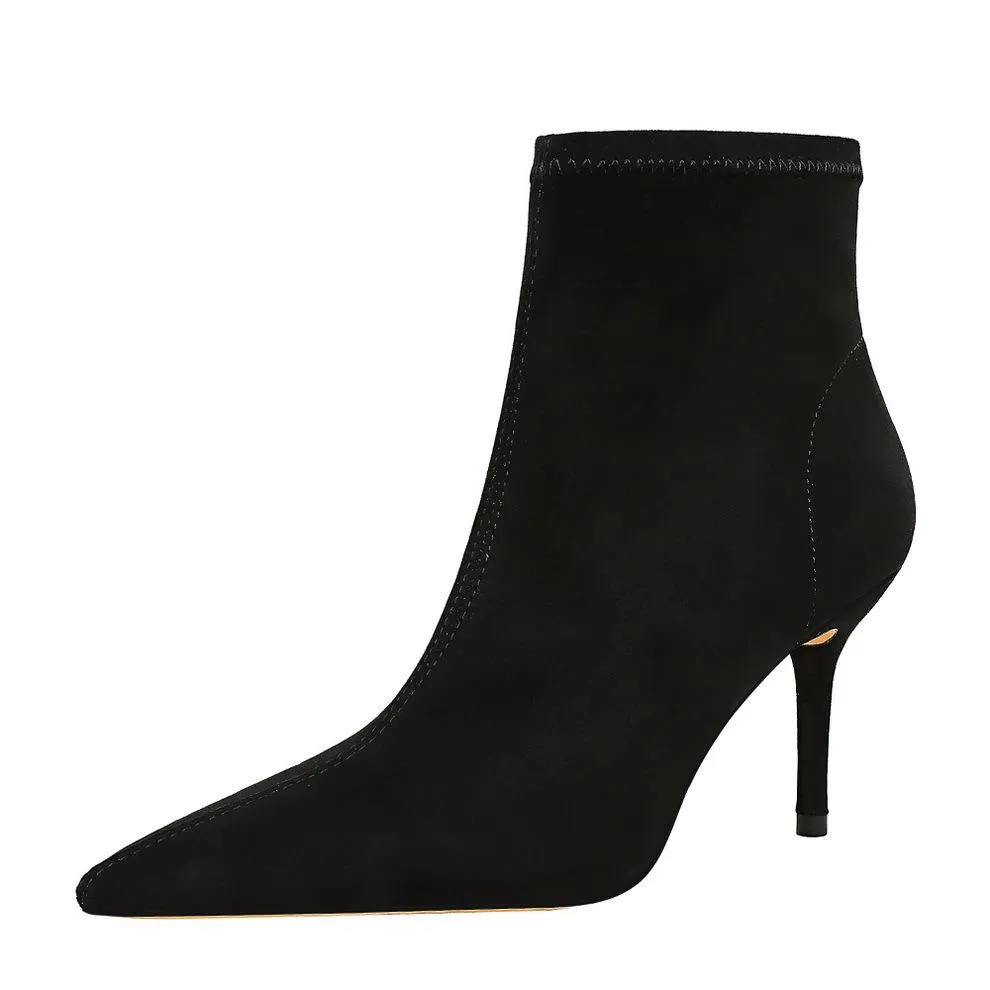 Chicvane Suede Pointed Toe Stiletto Heel Mid Calf Boots with Zipper