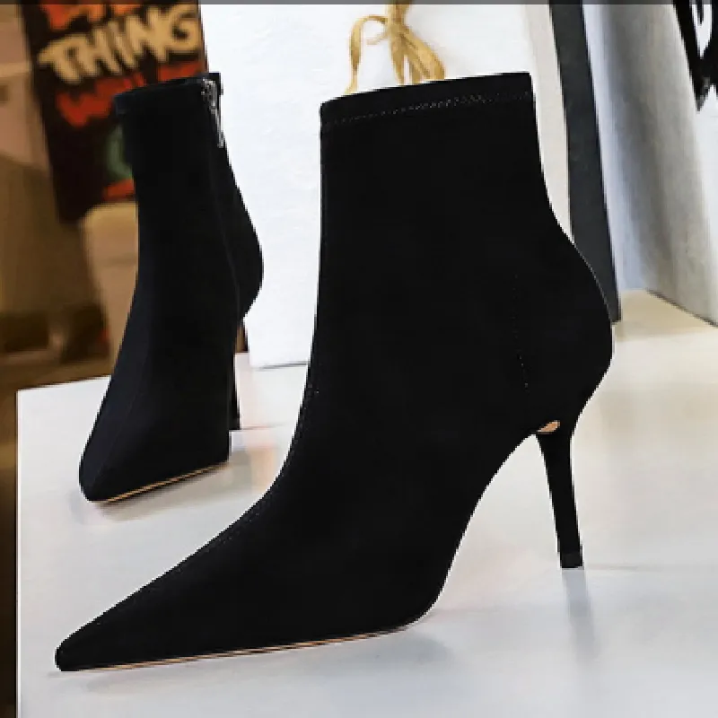 Chicvane Suede Pointed Toe Stiletto Heel Mid Calf Boots with Zipper