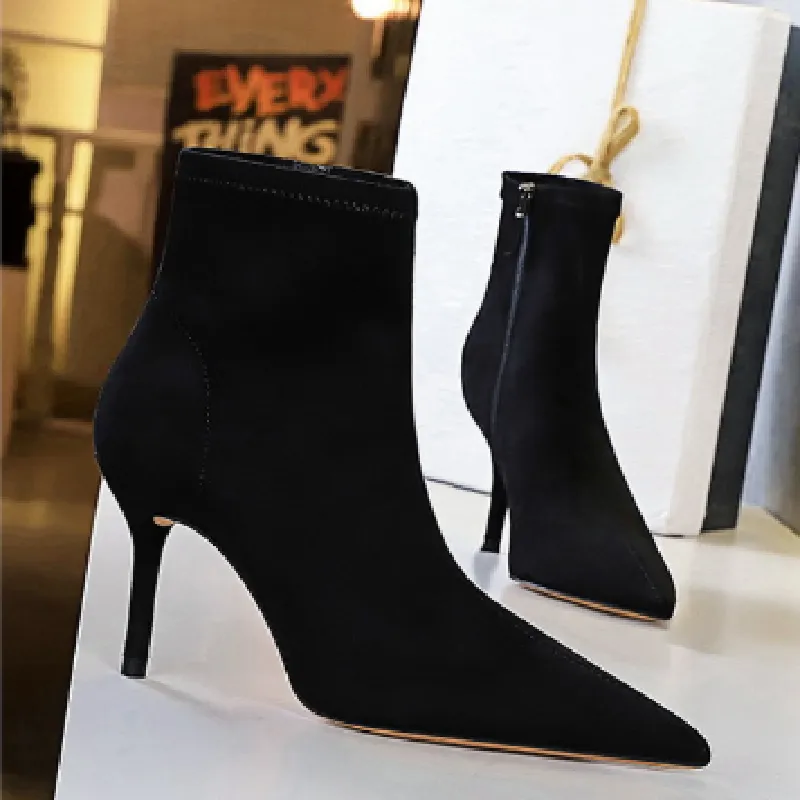 Chicvane Suede Pointed Toe Stiletto Heel Mid Calf Boots with Zipper