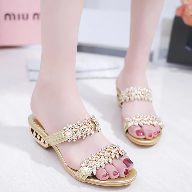 Crystal Open Toe Low Chunky Heel Sandals Slippers