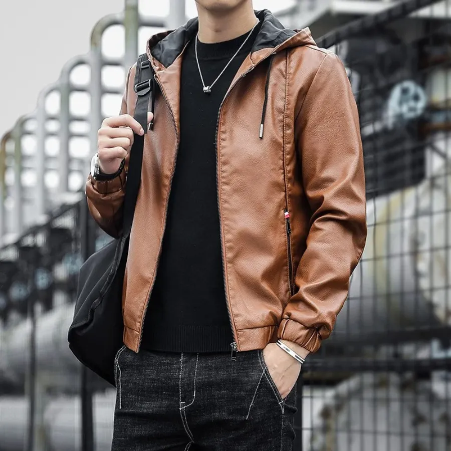 Dunlowe - Leren Jas Heren - Casual Ontwerp met Capuchon en Ritsluiting | Leren Jas Heren