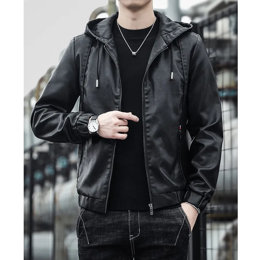 Dunlowe - Leren Jas Heren - Casual Ontwerp met Capuchon en Ritsluiting | Leren Jas Heren