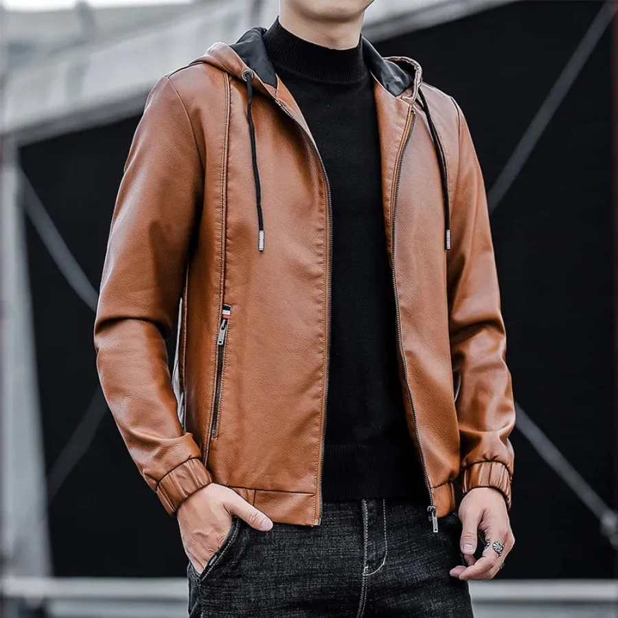 Dunlowe - Leren Jas Heren - Casual Ontwerp met Capuchon en Ritsluiting | Leren Jas Heren