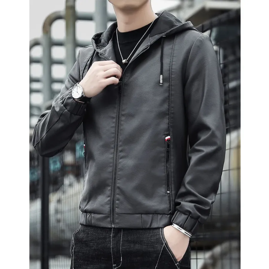 Dunlowe - Leren Jas Heren - Casual Ontwerp met Capuchon en Ritsluiting | Leren Jas Heren