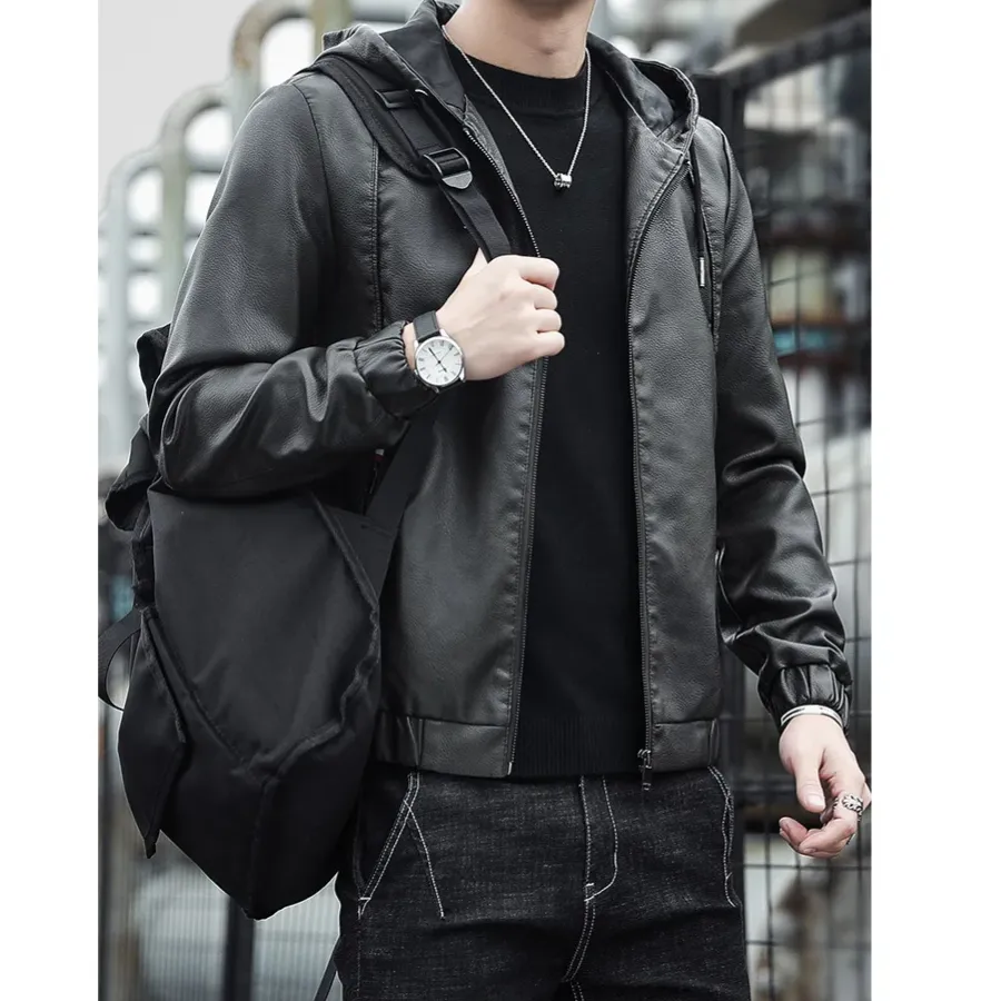 Dunlowe - Leren Jas Heren - Casual Ontwerp met Capuchon en Ritsluiting | Leren Jas Heren