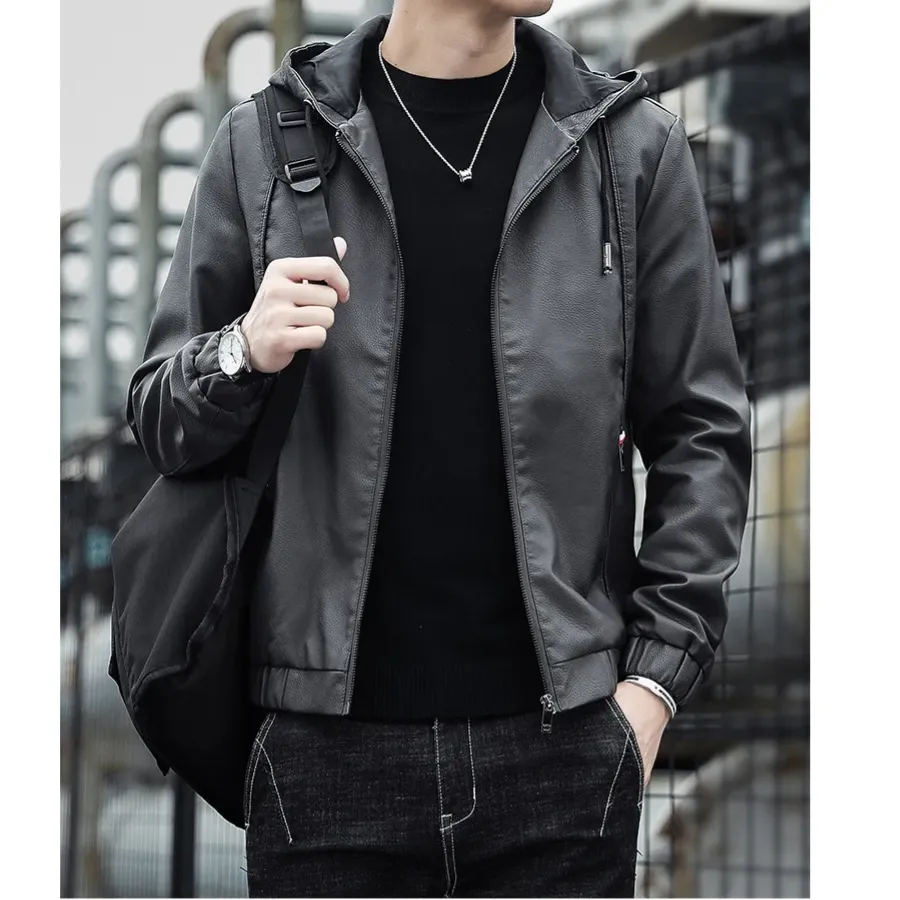 Dunlowe - Leren Jas Heren - Casual Ontwerp met Capuchon en Ritsluiting | Leren Jas Heren