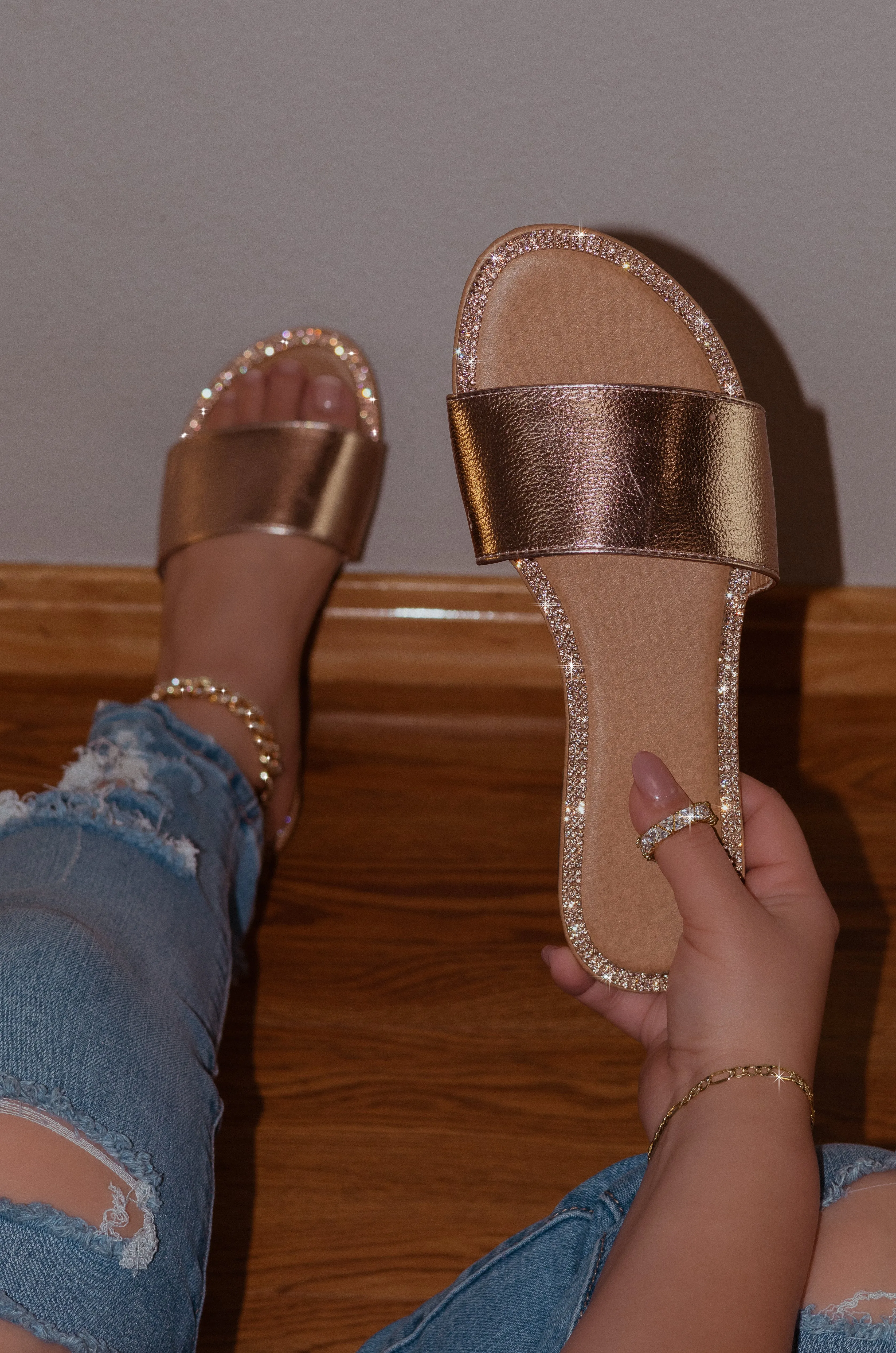 Garnet -  Rhinestones Detailing Slip On Flat Sandals