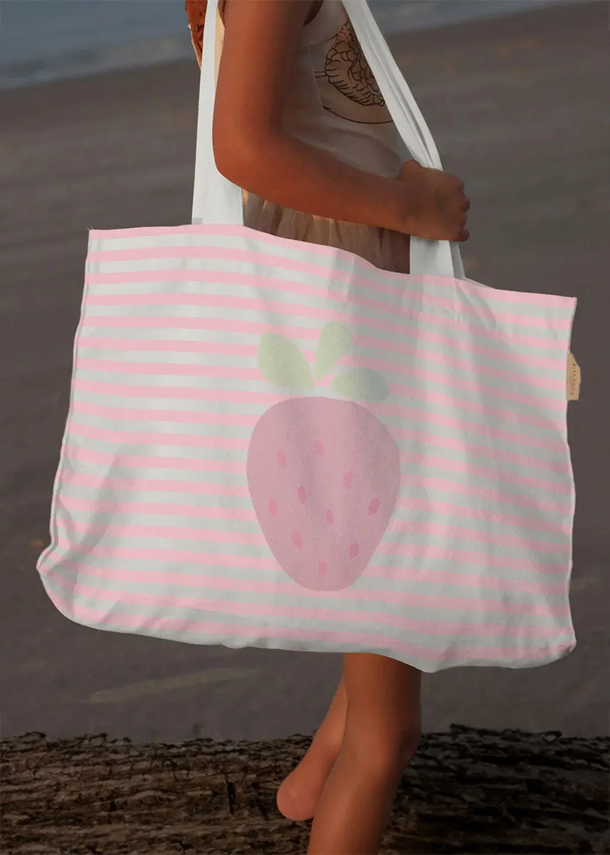 Kids Canvas Beach Bag - Strawberry Sunshine Pink Stripe