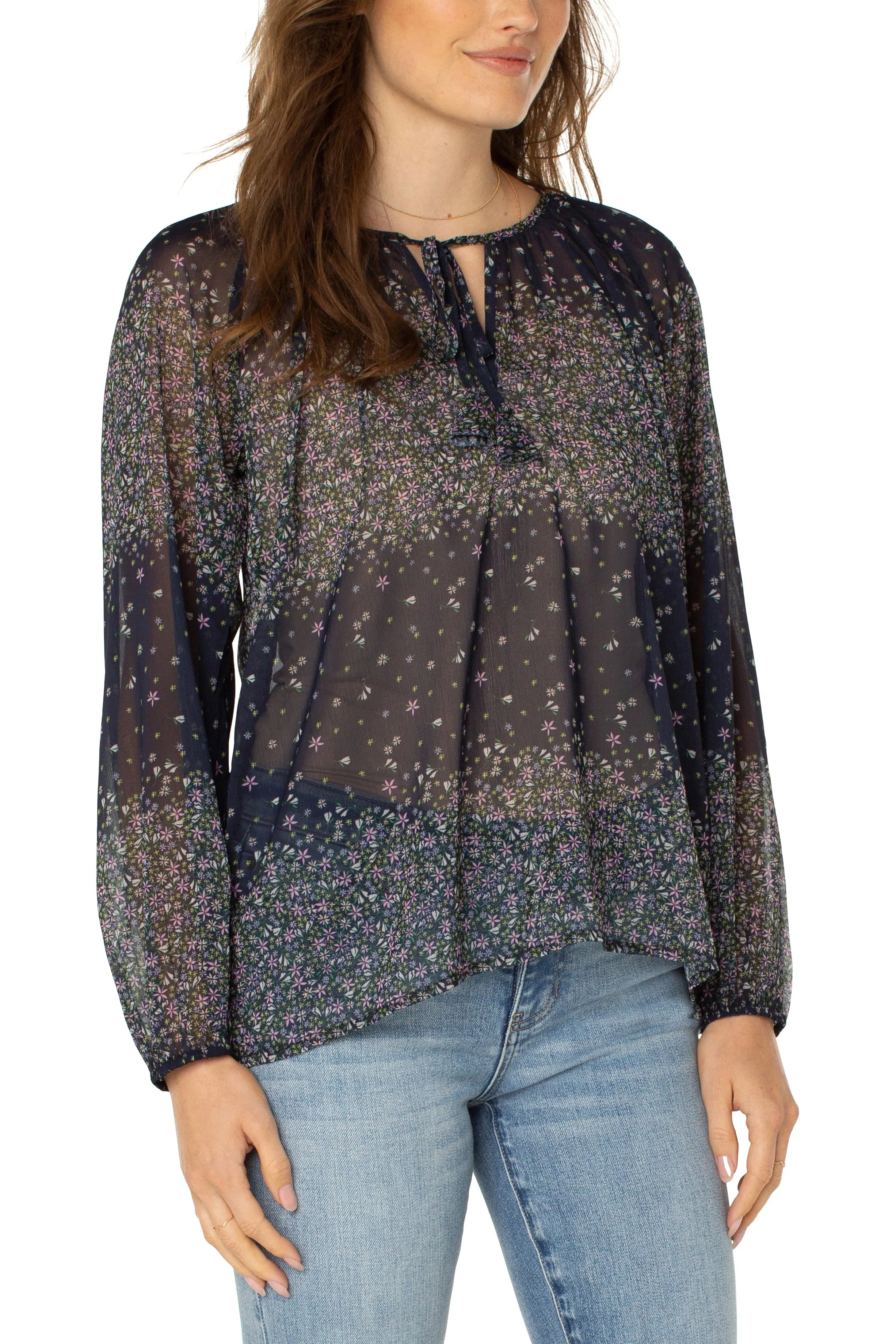 Liverpool Long Sleeve Shirred Blouse With Neck Tie In Midnight Garden