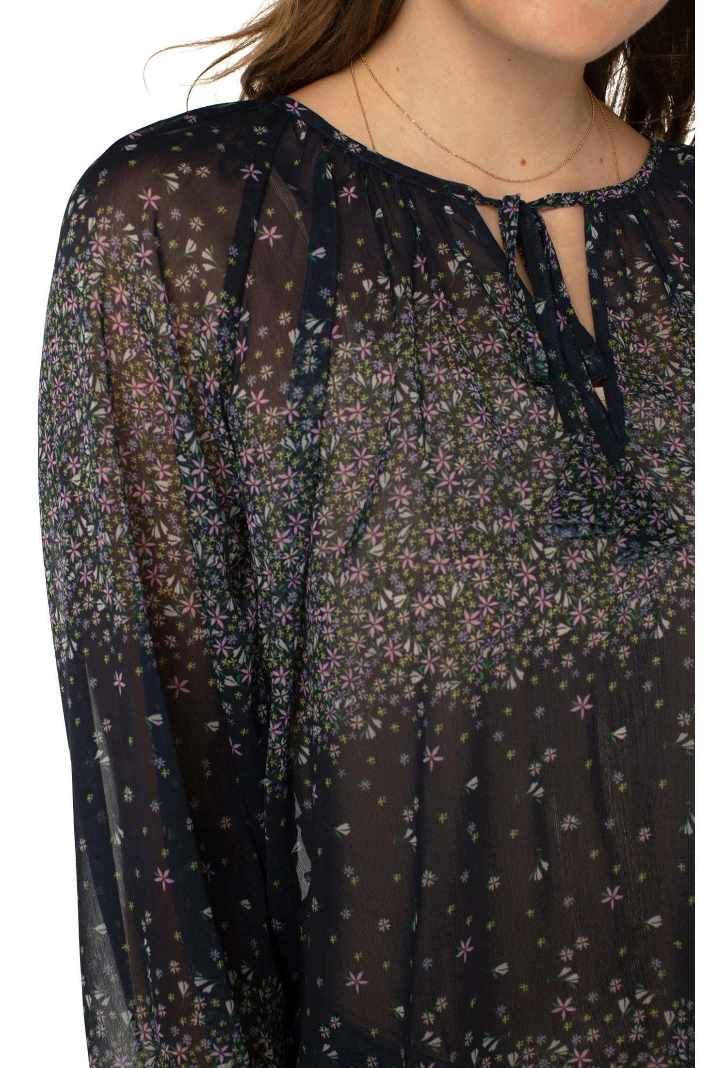 Liverpool Long Sleeve Shirred Blouse With Neck Tie In Midnight Garden