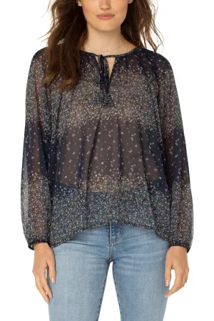 Liverpool Long Sleeve Shirred Blouse With Neck Tie In Midnight Garden