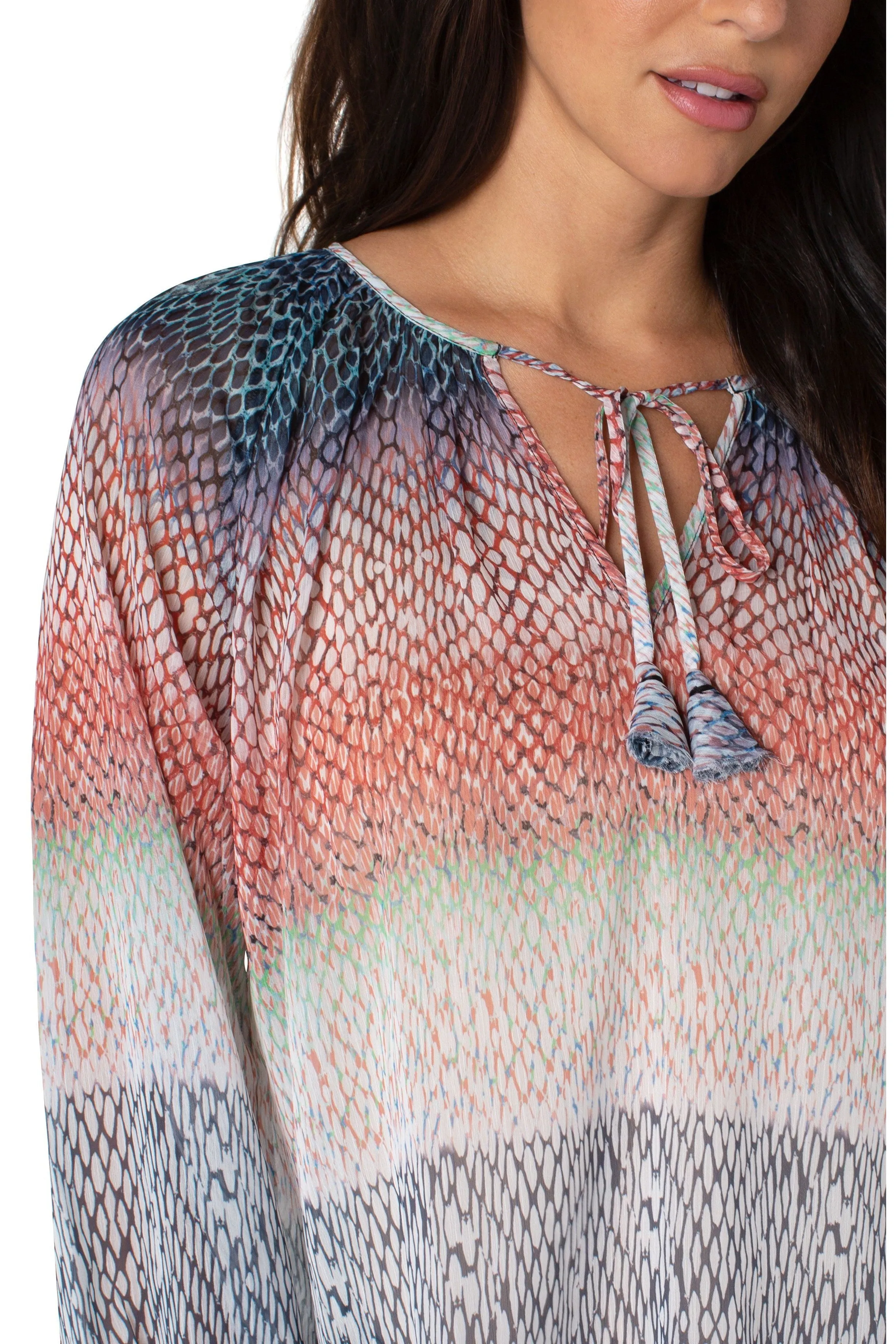 Liverpool Shirred Blouse With Neck Ties In Ombre Snake Print