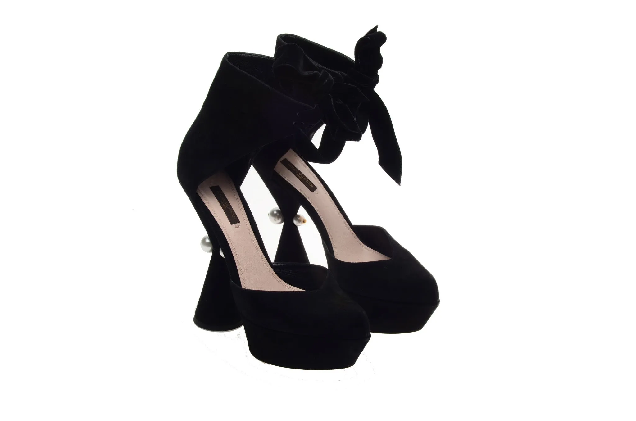 Louis Vuitton - Editorial, Black Suede Ankle Wrap Pumps with Pearl on Heel - IT 38