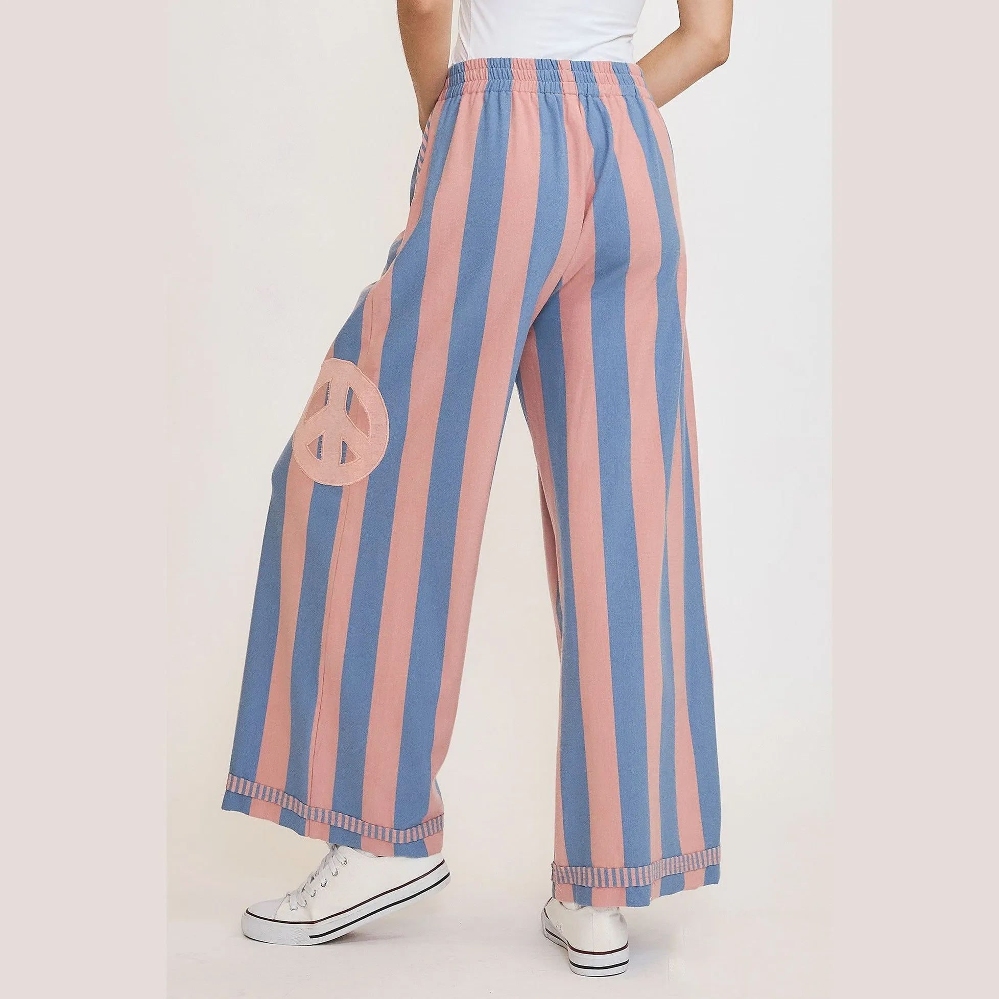 Peace Sign Patch Striped Wide Leg Pants