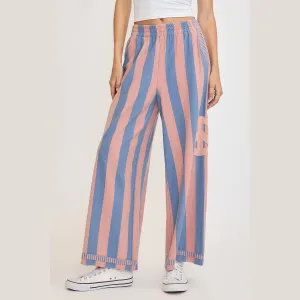 Peace Sign Patch Striped Wide Leg Pants
