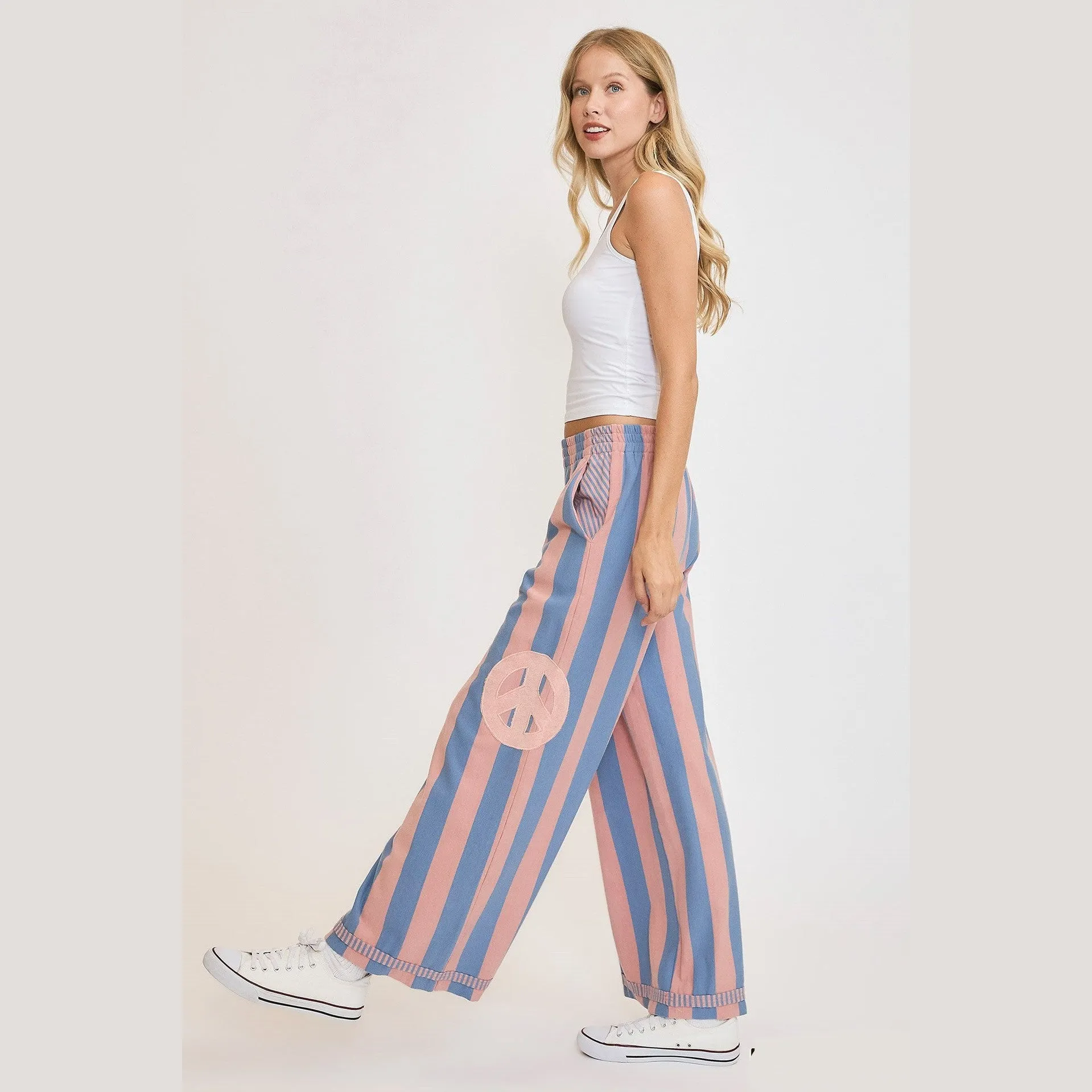 Peace Sign Patch Striped Wide Leg Pants