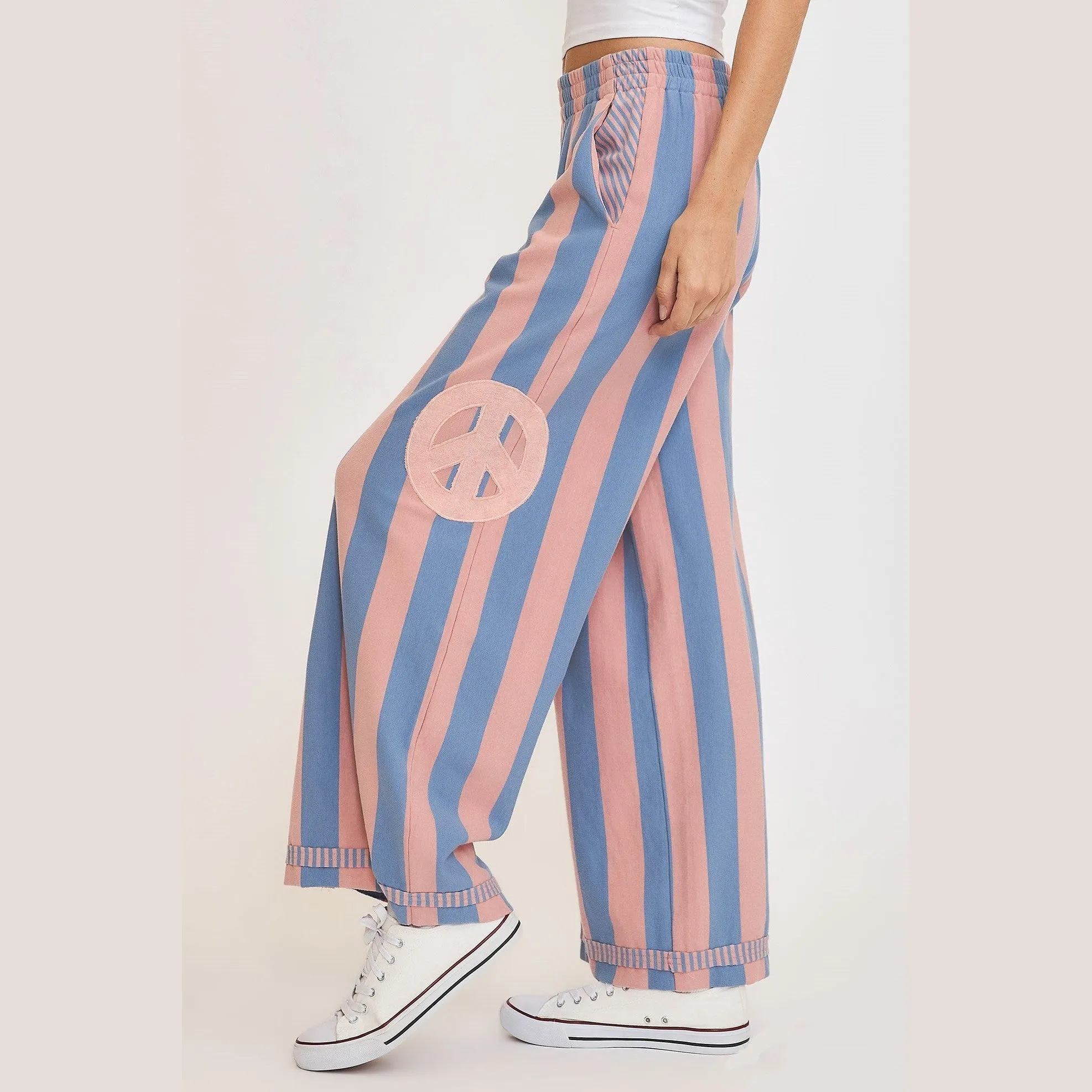 Peace Sign Patch Striped Wide Leg Pants