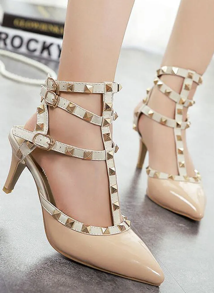 Rockstud 3 T-Strap Pointed Toe Caged Pumps