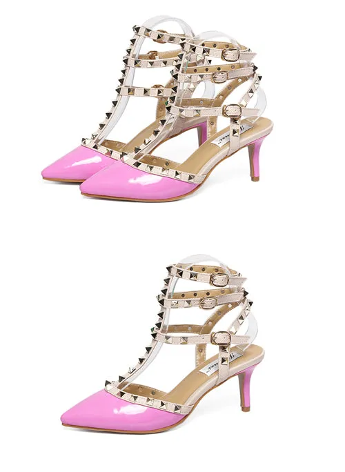 Rockstud 3 T-Strap Pointed Toe Caged Pumps