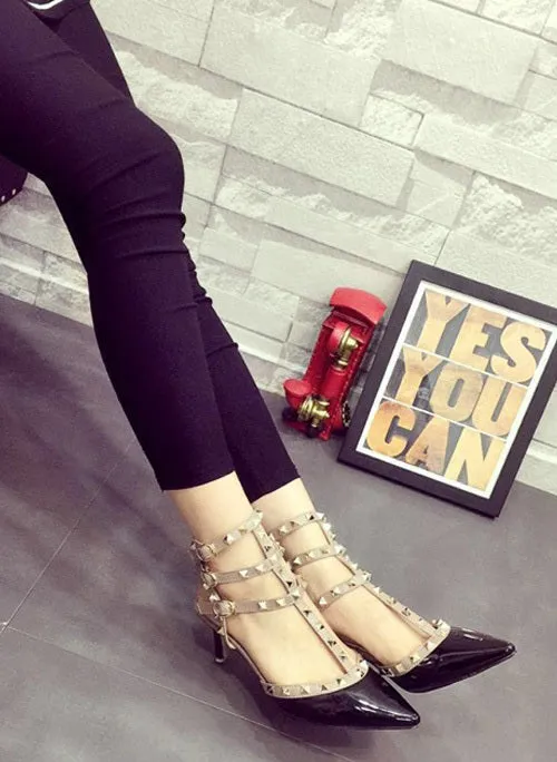 Rockstud 3 T-Strap Pointed Toe Caged Pumps