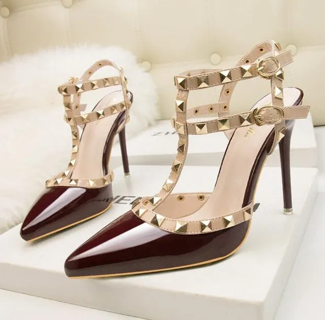 Roman fashion rivet sandals 10CM PUMPS Woman shoes Sexy nightclub stiletto heels patent-leather metallic rivet hollow