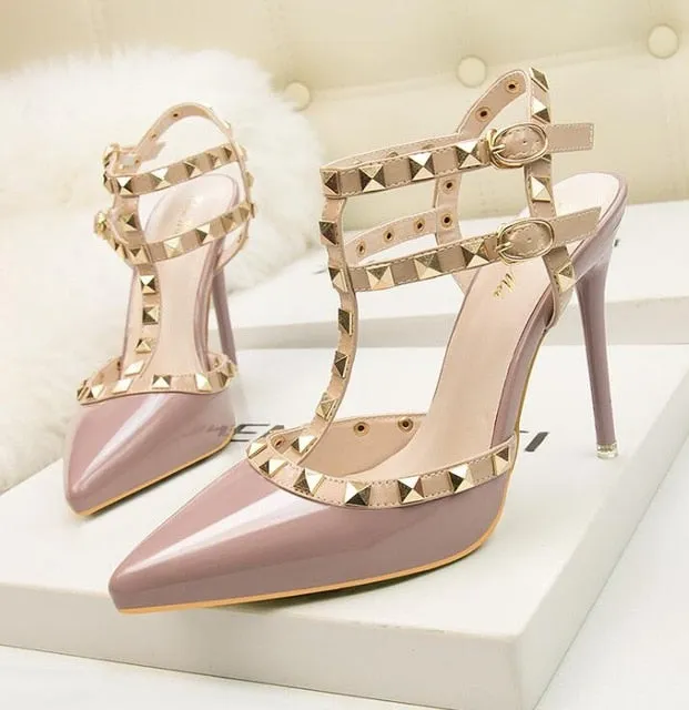 Roman fashion rivet sandals 10CM PUMPS Woman shoes Sexy nightclub stiletto heels patent-leather metallic rivet hollow