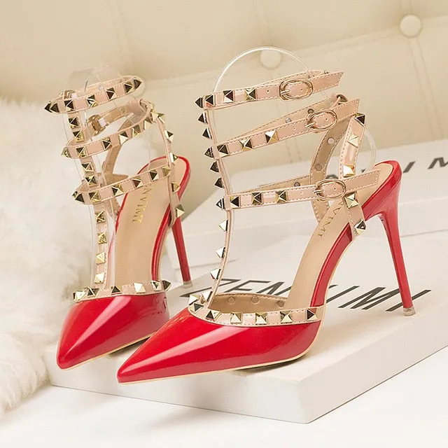 Roman fashion rivet sandals 10CM PUMPS Woman shoes Sexy nightclub stiletto heels patent-leather metallic rivet hollow