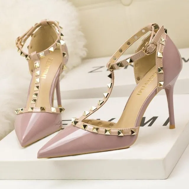 Roman fashion rivet sandals 10CM PUMPS Woman shoes Sexy nightclub stiletto heels patent-leather metallic rivet hollow