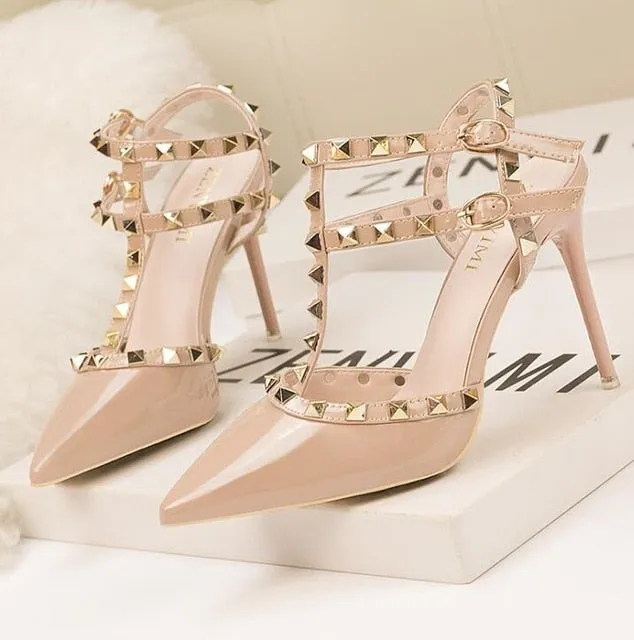 Roman fashion rivet sandals 10CM PUMPS Woman shoes Sexy nightclub stiletto heels patent-leather metallic rivet hollow