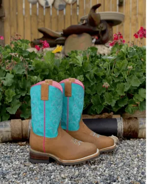 Roper Girl's Children & Youth Twisty Tan and Turquoise Square Toe Cowgirl Boots 9991-0073
