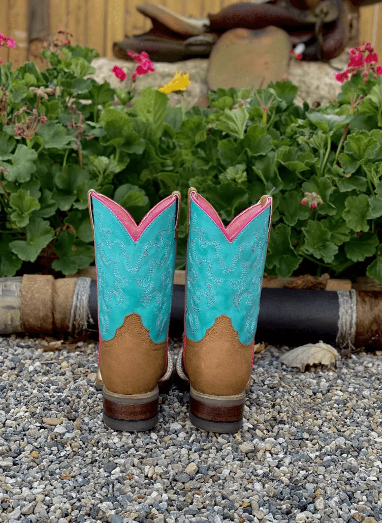 Roper Girl's Children & Youth Twisty Tan and Turquoise Square Toe Cowgirl Boots 9991-0073