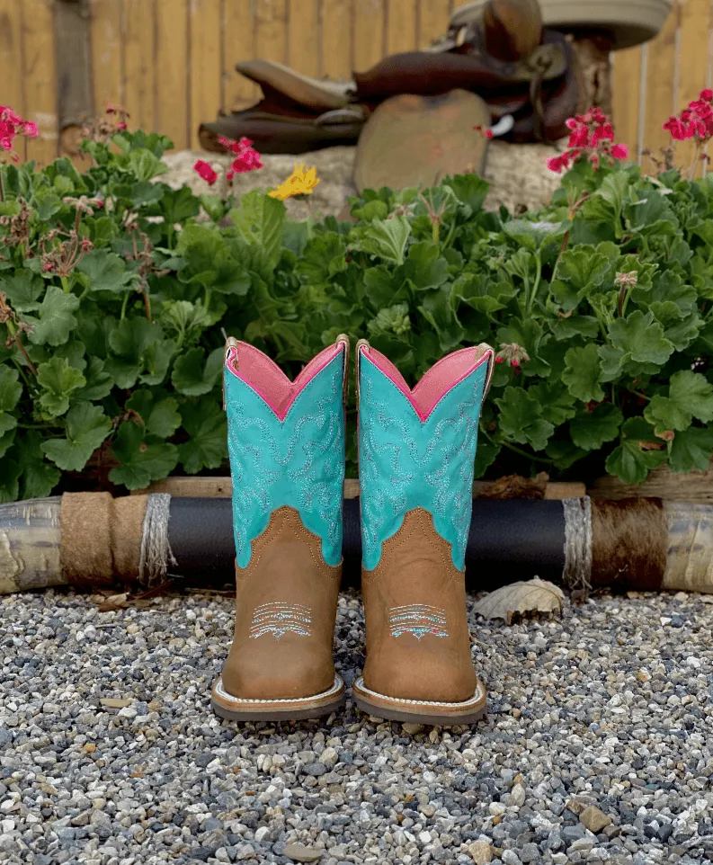 Roper Girl's Children & Youth Twisty Tan and Turquoise Square Toe Cowgirl Boots 9991-0073