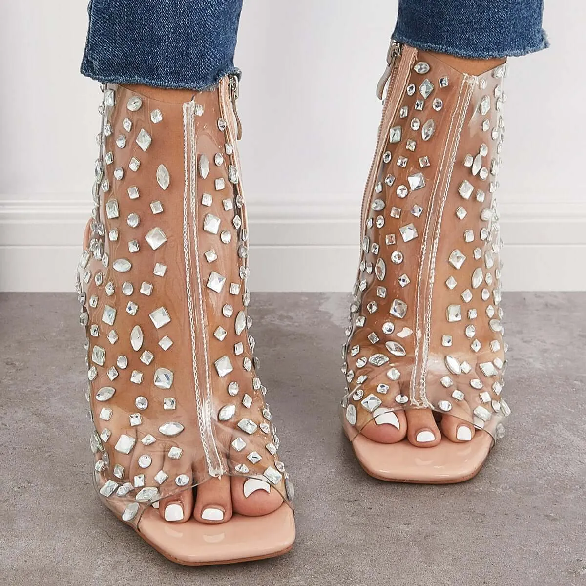 Sohiwoo Clear Rhinestone Stiletto Heels Square Toe Zipper Sandals