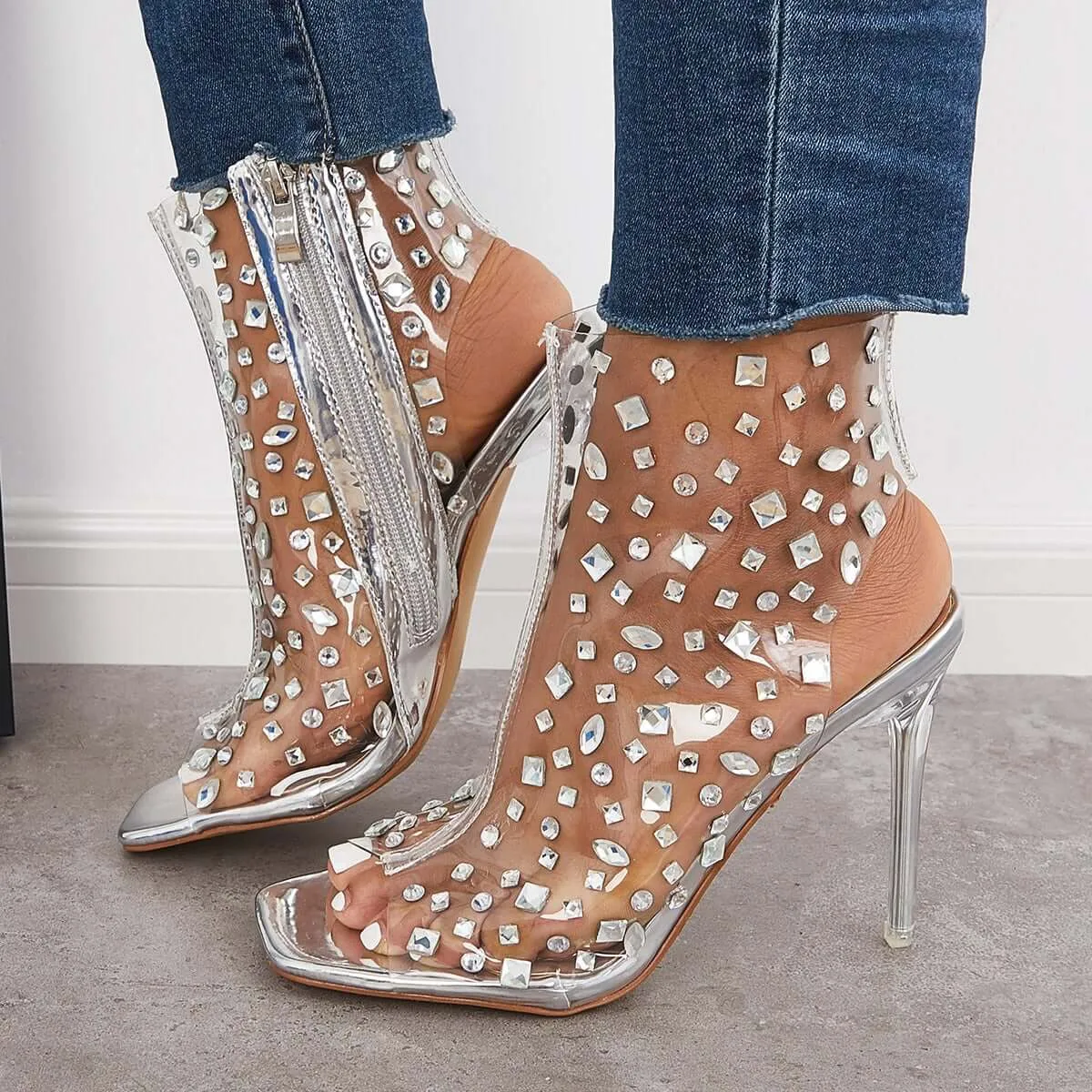 Sohiwoo Clear Rhinestone Stiletto Heels Square Toe Zipper Sandals