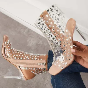 Sohiwoo Clear Rhinestone Stiletto Heels Square Toe Zipper Sandals