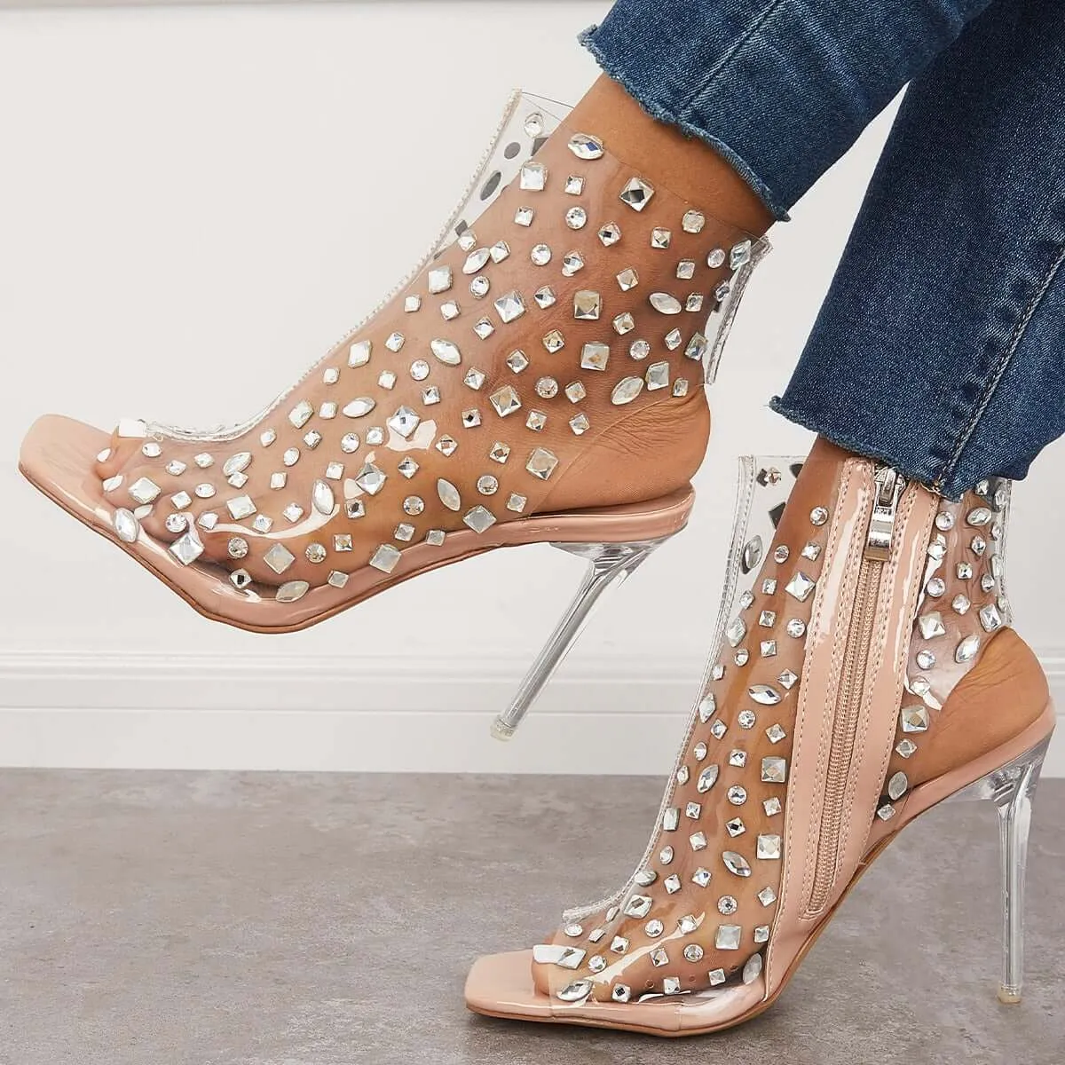 Sohiwoo Clear Rhinestone Stiletto Heels Square Toe Zipper Sandals