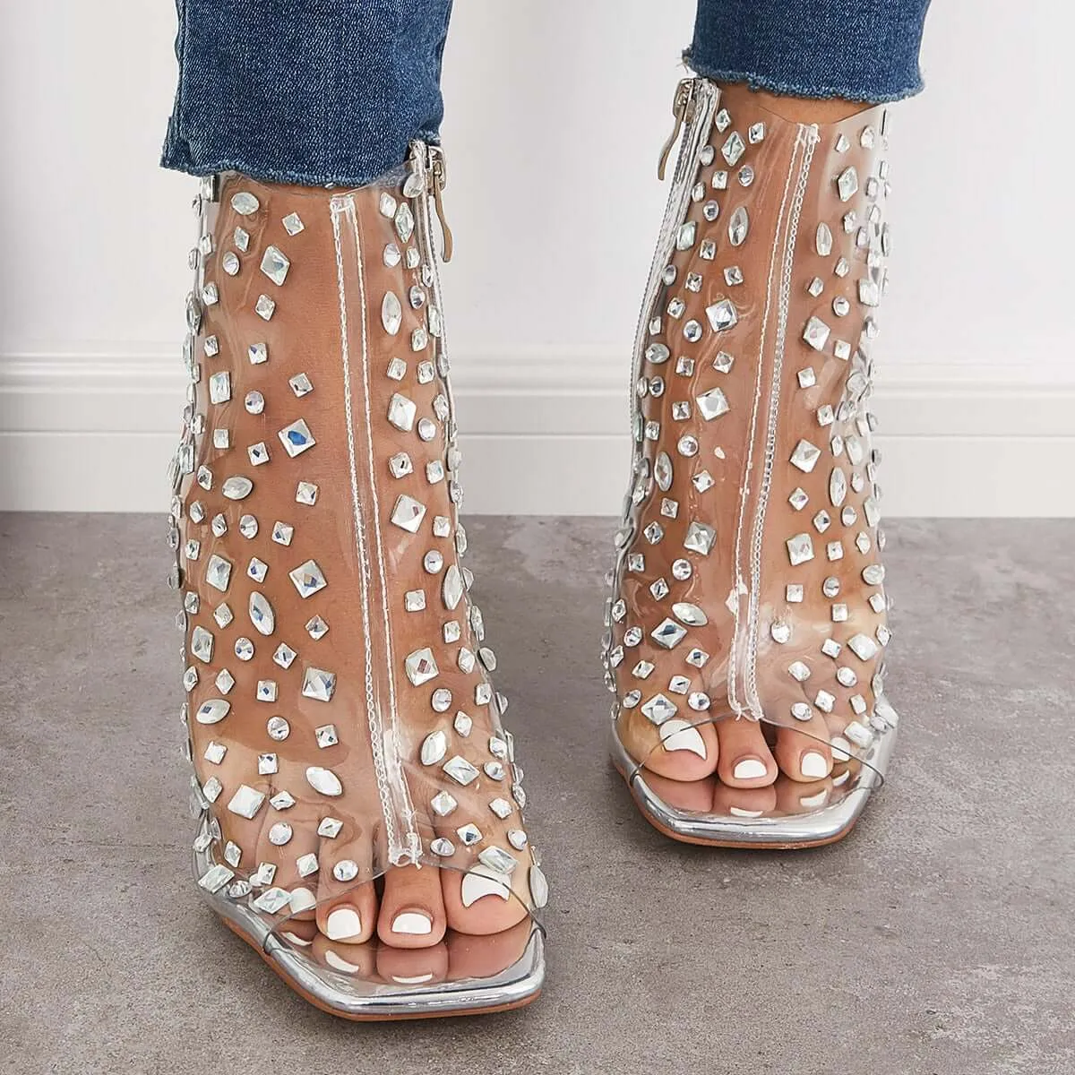 Sohiwoo Clear Rhinestone Stiletto Heels Square Toe Zipper Sandals