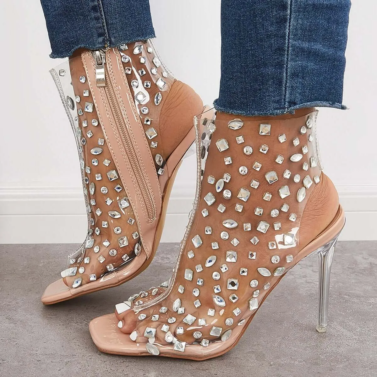 Sohiwoo Clear Rhinestone Stiletto Heels Square Toe Zipper Sandals