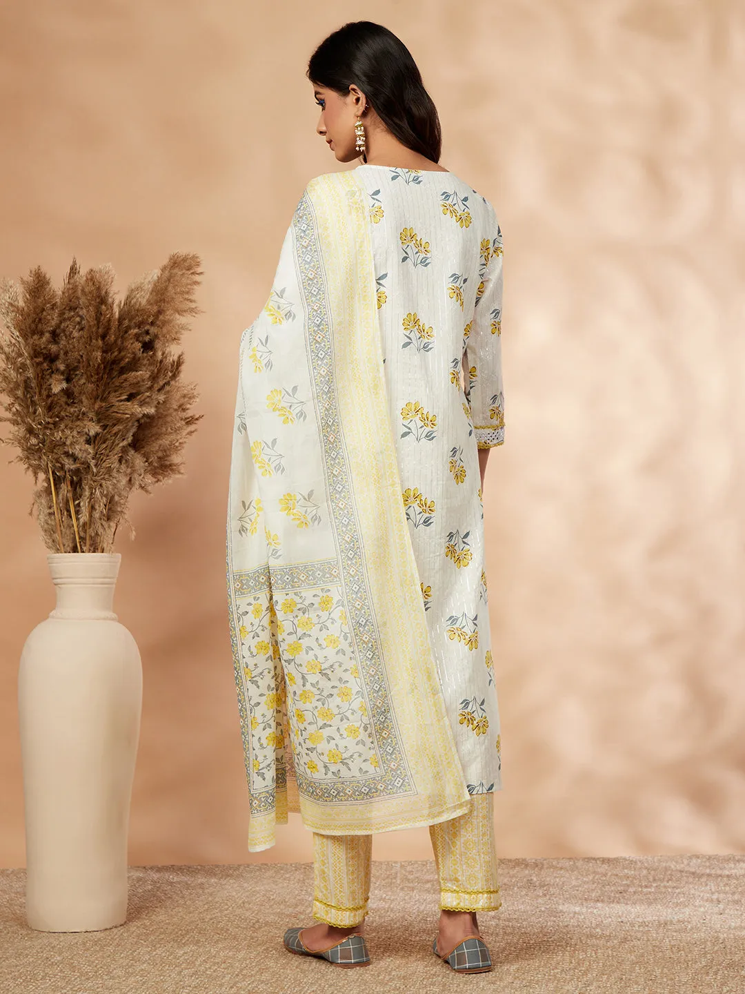 Straight Yellow  Printed Kurta Set