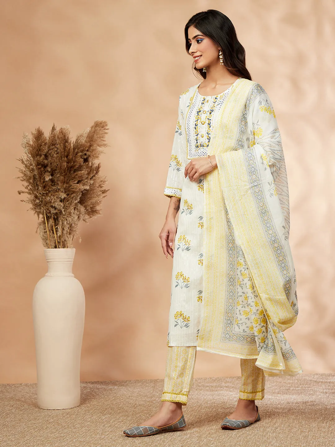 Straight Yellow  Printed Kurta Set