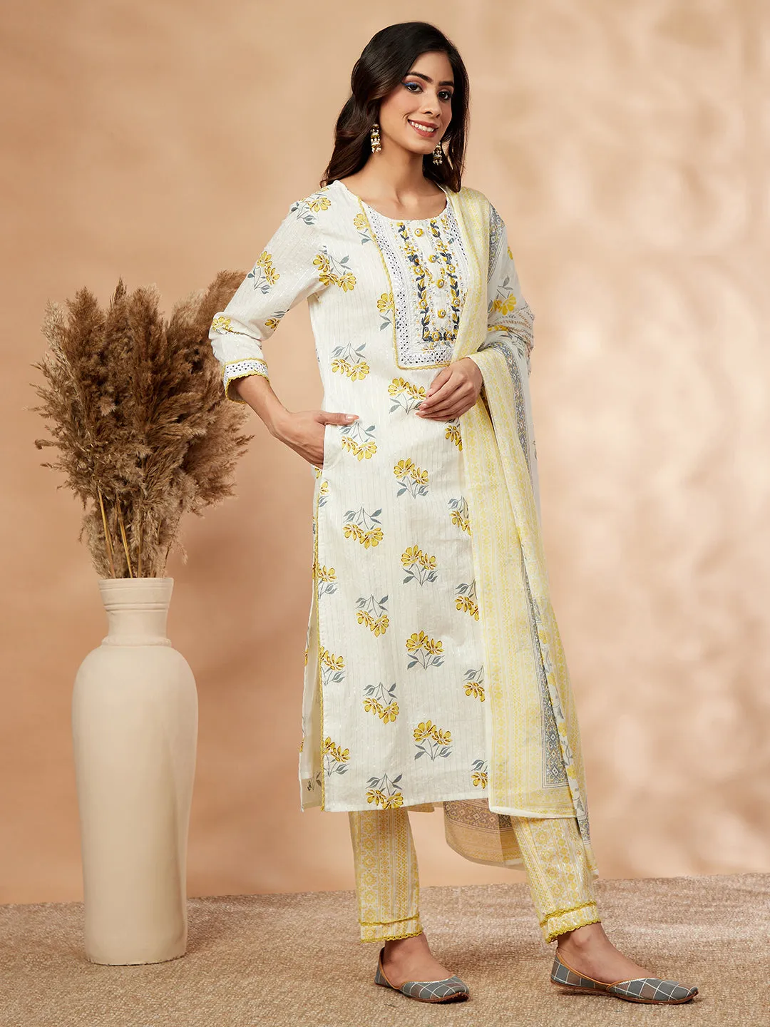 Straight Yellow  Printed Kurta Set