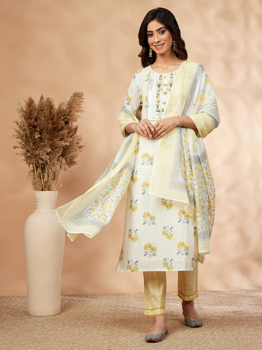 Straight Yellow  Printed Kurta Set