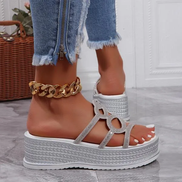 Women's Fashionable Rhinestone Snake Wedge Slippers 09733928S