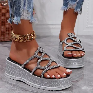 Women's Fashionable Rhinestone Snake Wedge Slippers 09733928S